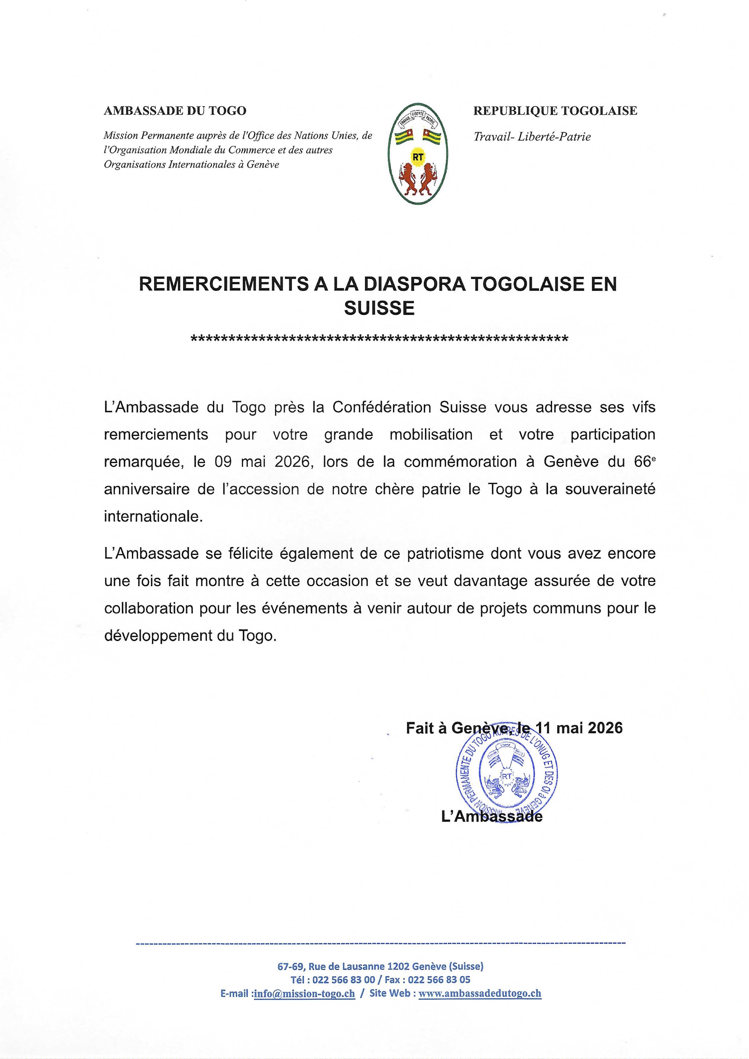 REMERCIEMENTS A LA DIASPORA TOGOLAISE E N SUISSE 